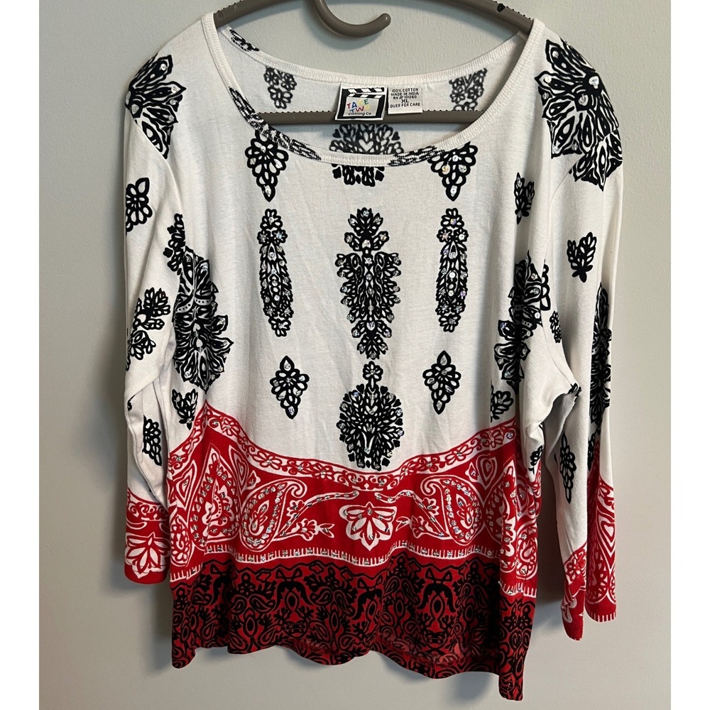 Take Two Clothing Co Paisley Sequin Top XL Red Black White Cotton 3/4 Sleeve